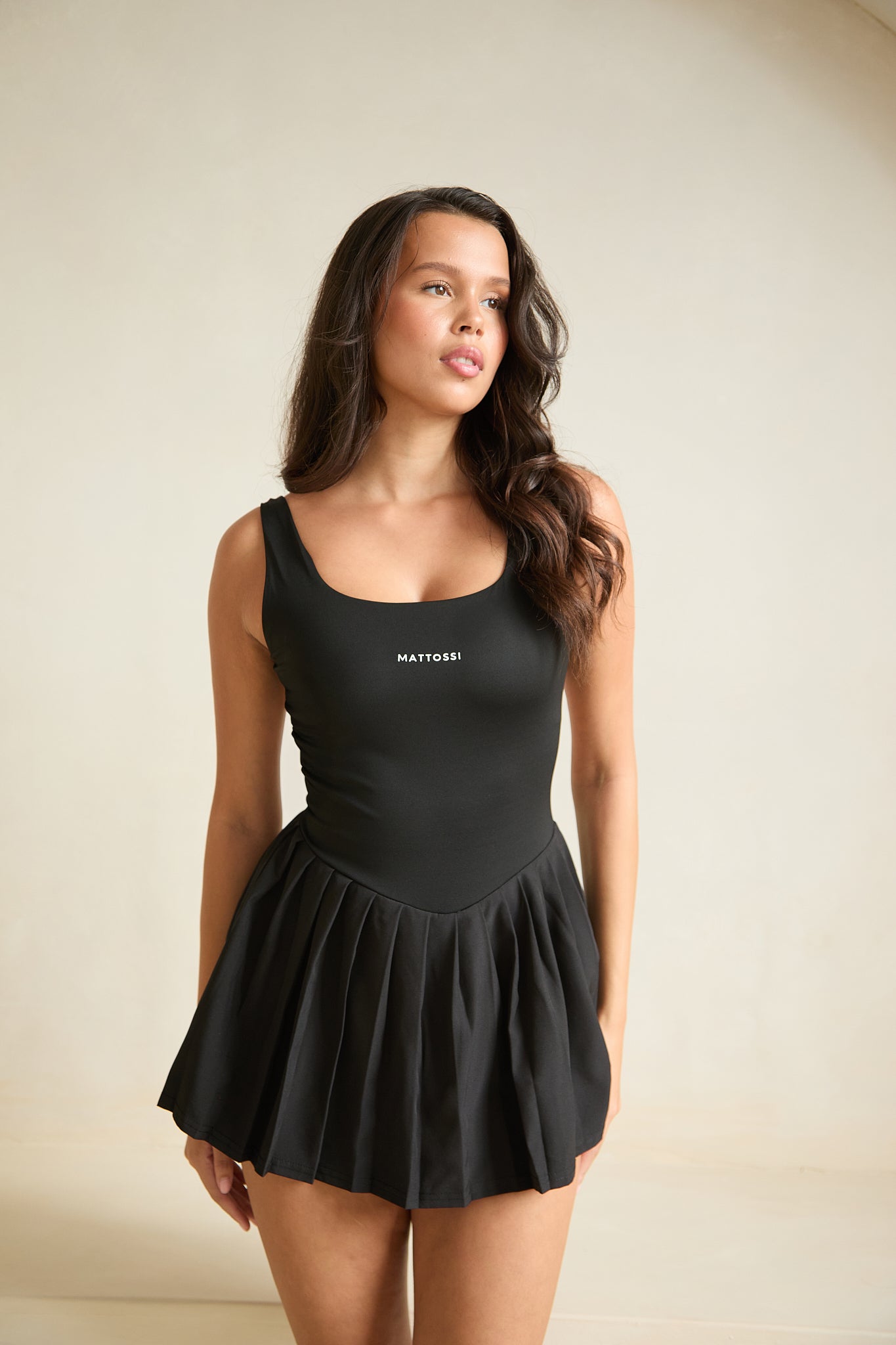 Pleated Drop V Waist Mini Dress - Black
