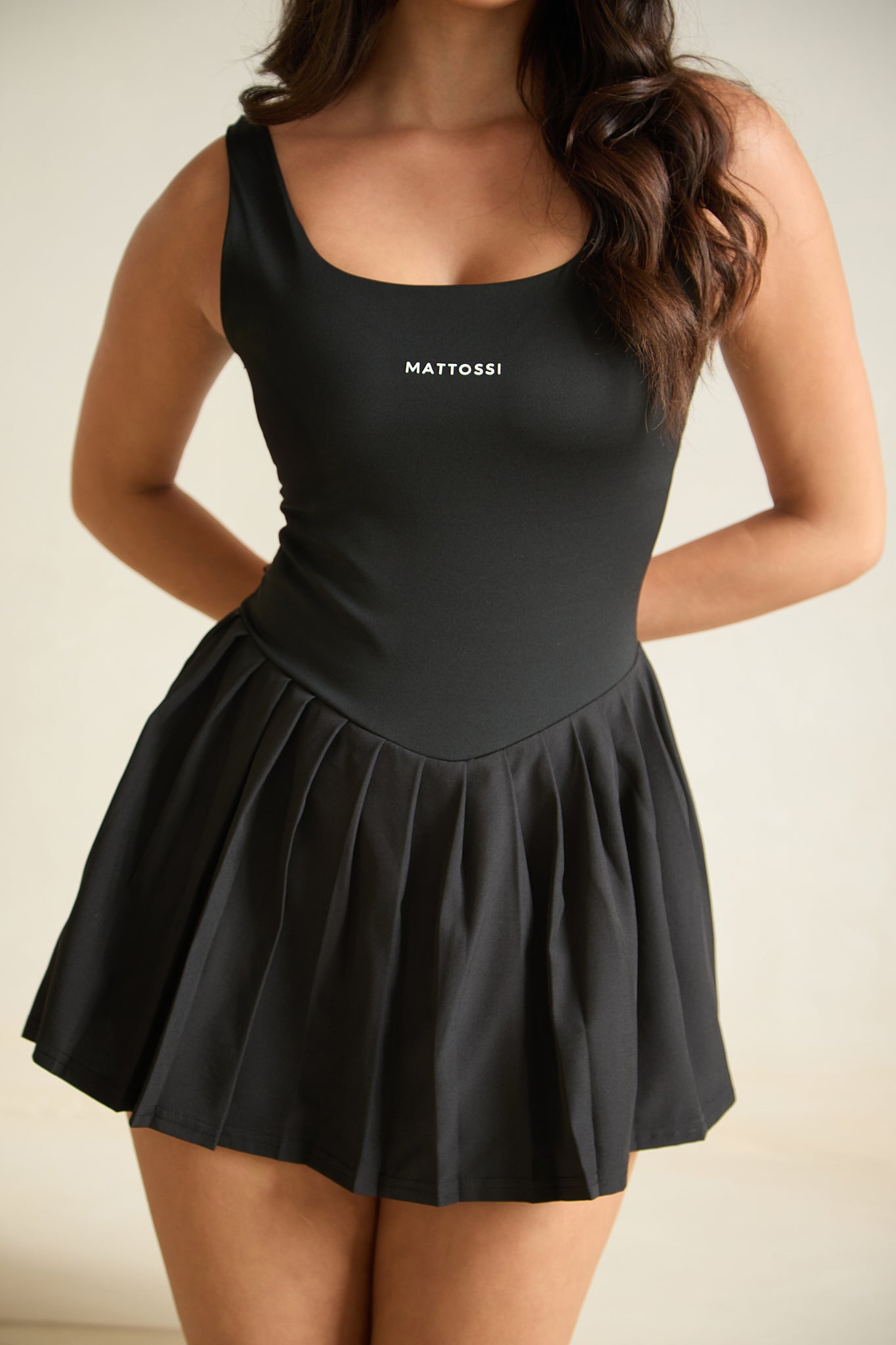 Pleated Drop V Waist Mini Dress - Black