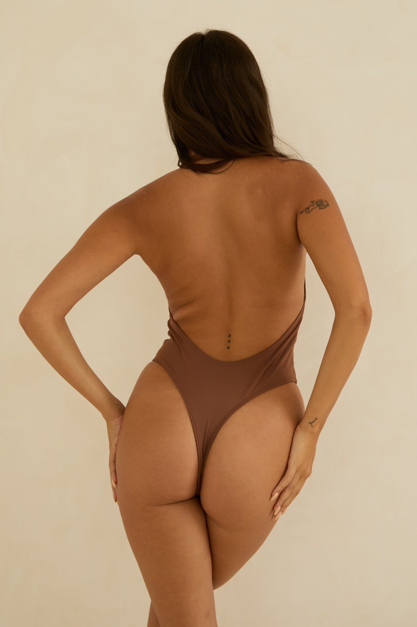 Deep V-Neck Brown One-Piece Swimsuit